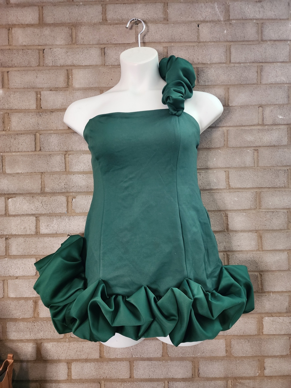 Fashion Nova Emerald Green One-Shoulder Ruffle Mini Dress
